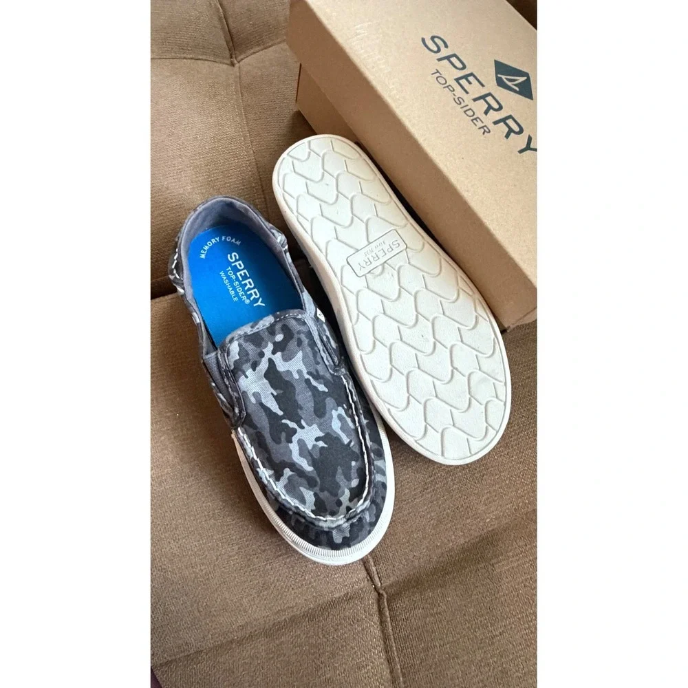 Sperry Salty Washable Boys Grey Camo Slip On Boat Shoes Sneakers 2M SCK265985